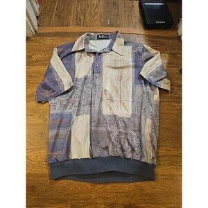 VTG 80s Alan Stuart Polo Shirt Size Large Banded Waist Abstract Feathers Art